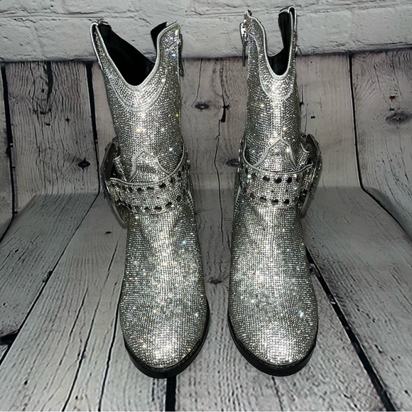 Club Exx Dolls Kill Icy Sheriff Shine Rhinestone Embellished Cowboy Boots - Picture 7 of 17